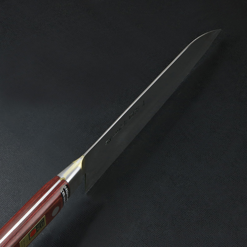 下総国光月作 三徳包丁 両刃 180mm 白紙1号 全鋼 溶接手仕上げ口金 ワインレッドパッカー柄 手研ぎ本刃付け