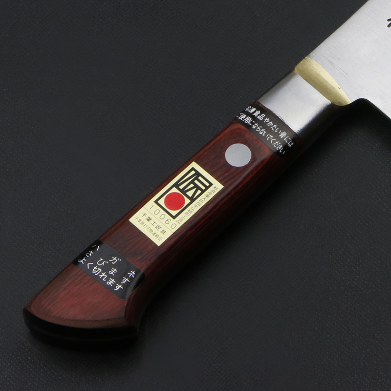 下総国光月作 三徳包丁 両刃 180mm 白紙1号 全鋼 溶接手仕上げ口金 ワインレッドパッカー柄 手研ぎ本刃付け