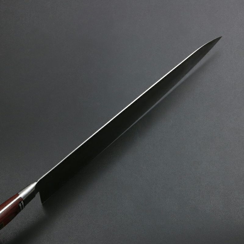 下総国光月作 牛刀 両刃 330mm 白紙1号 全鋼 溶接手仕上げ口金 ワインレッドパッカー柄 手研ぎ本刃付け