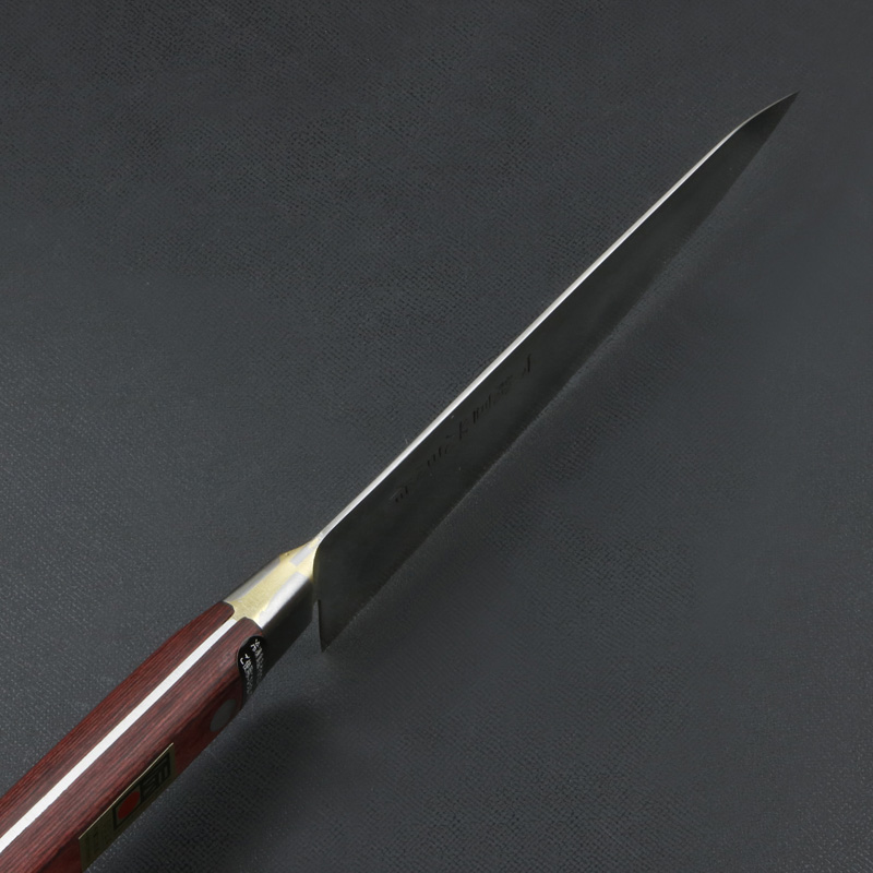 下総国光月作 牛刀 両刃 165mm 白紙1号 全鋼 溶接手仕上げ口金付き 強化パッカー柄 手研ぎ本刃付け