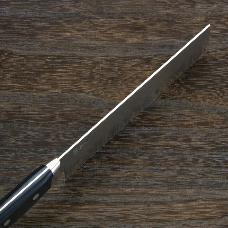 菜切り包丁 両刃 165mm 青紙鋼 割込み ステンレス 梨地槌目 斜め口金 黒合板柄