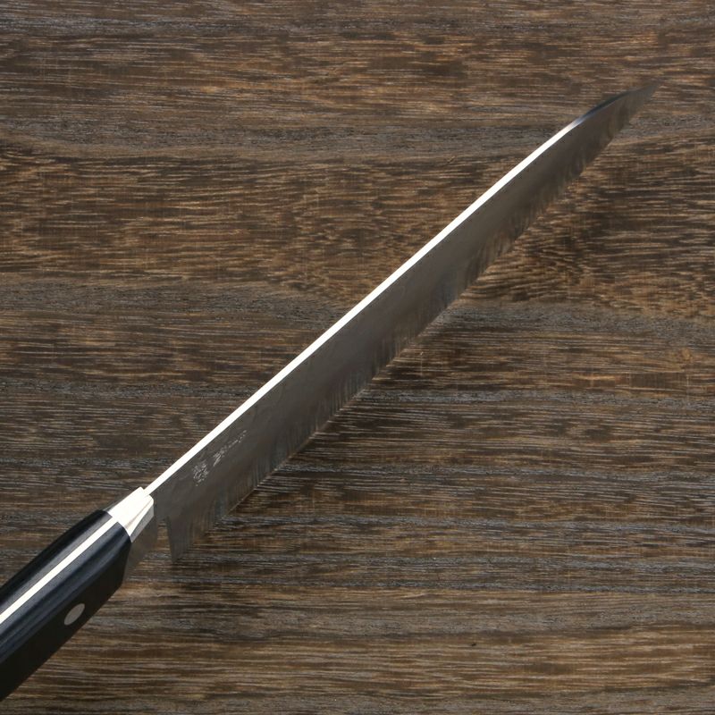 三徳包丁 両刃 180mm 青紙鋼 割込み ステンレス 梨地 槌目仕上げ 斜め口金付 黒合板