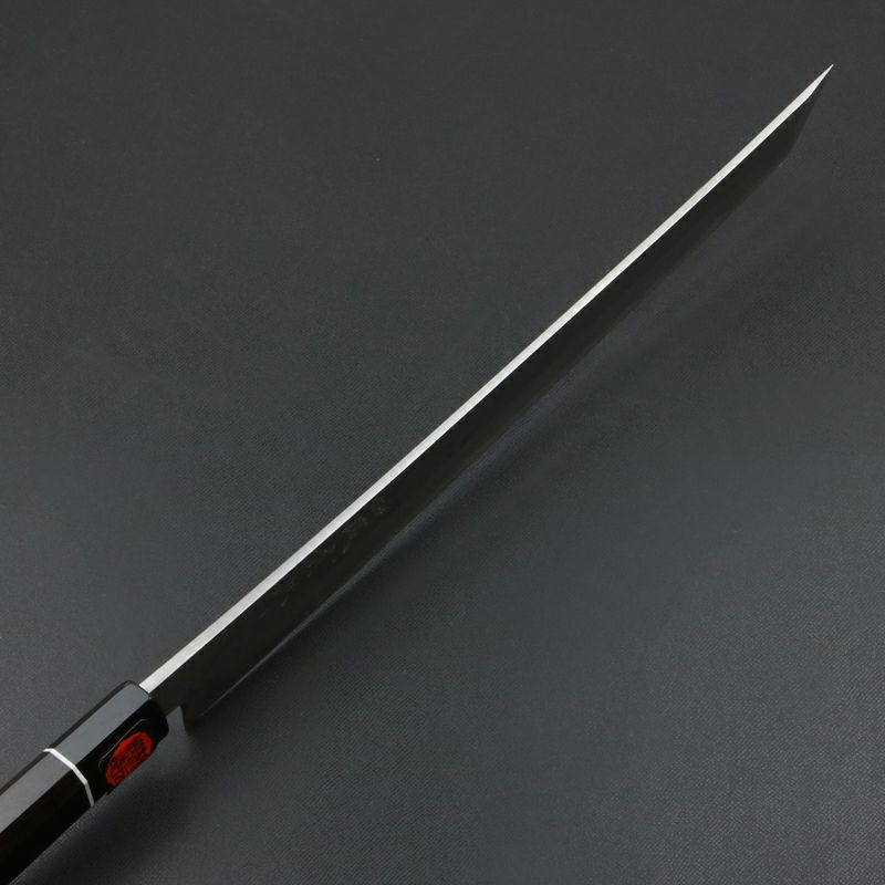 誠貴作 先丸柳刃包丁 片刃 330mm 青紙2号 付け鋼 ダマスカス模様 黒檀八角柄