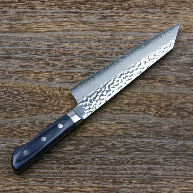 三徳包丁 切付型 両刃 190mm 槌目仕上げ AUS10 三層鋼 ステンレス 青合板柄 裏