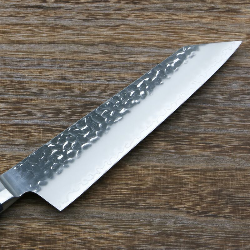 三徳包丁 切付型 両刃 190mm 槌目仕上げ AUS10 三層鋼 ステンレス 青合板柄 刃先