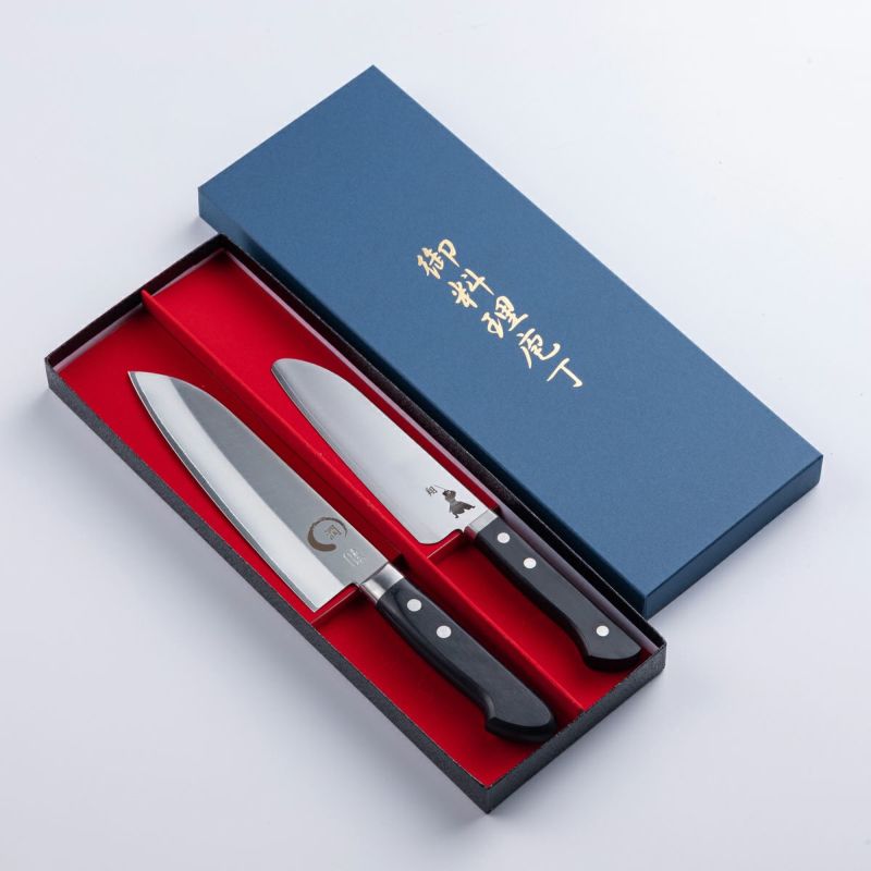 親子包丁セット 三徳 ＋ 子供包丁 黒合板柄口金付き DPゴールド 箱入り