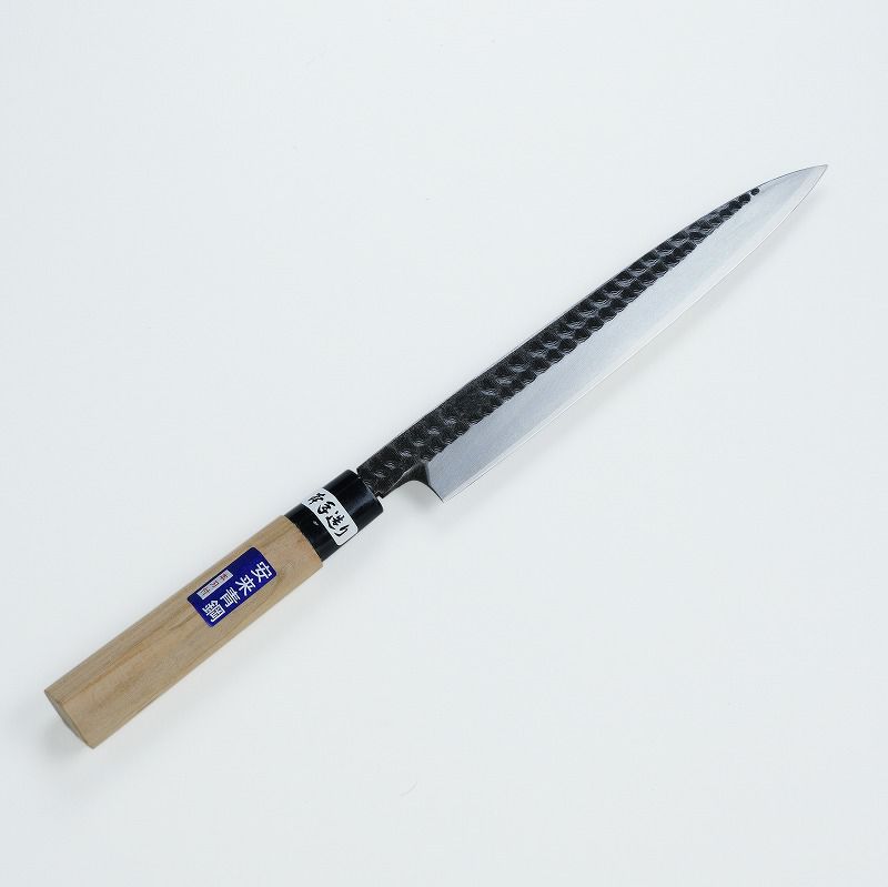 柳刃包丁 片刃 210mm 青紙2号 黒打ち槌目仕上げ カスミ研 桜柄 刺身包丁