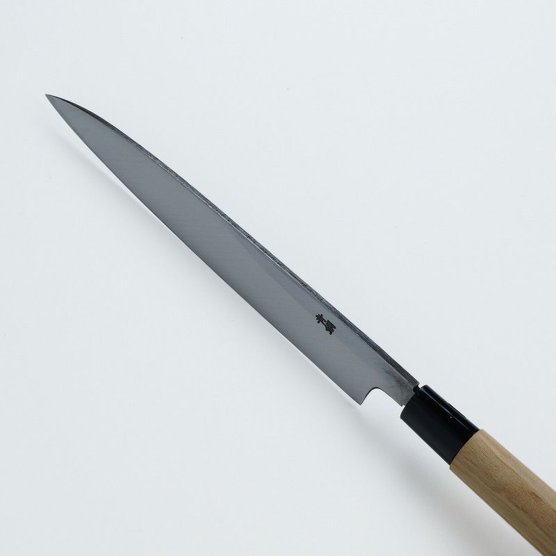 柳刃包丁 片刃 210mm 青紙2号 黒打ち槌目仕上げ カスミ研 桜柄 刺身包丁