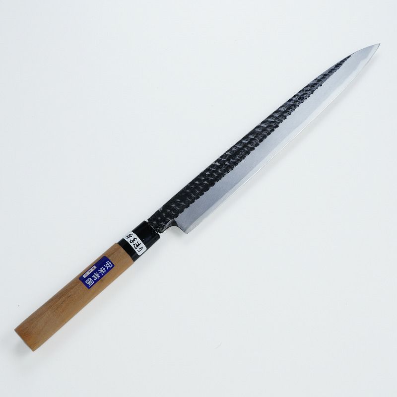 柳刃包丁 片刃 270mm 青紙2号 黒打ち槌目仕上げ カスミ研 桜柄 刺身包丁