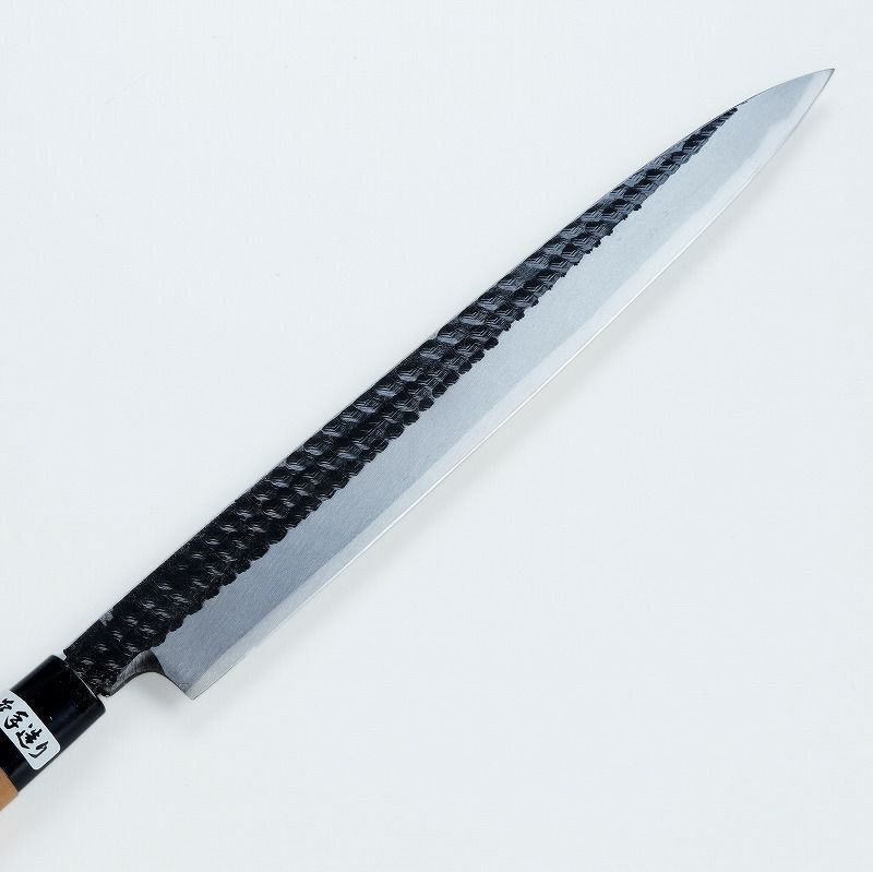 柳刃包丁 片刃 270mm 青紙2号 黒打ち槌目仕上げ カスミ研 桜柄 刺身包丁