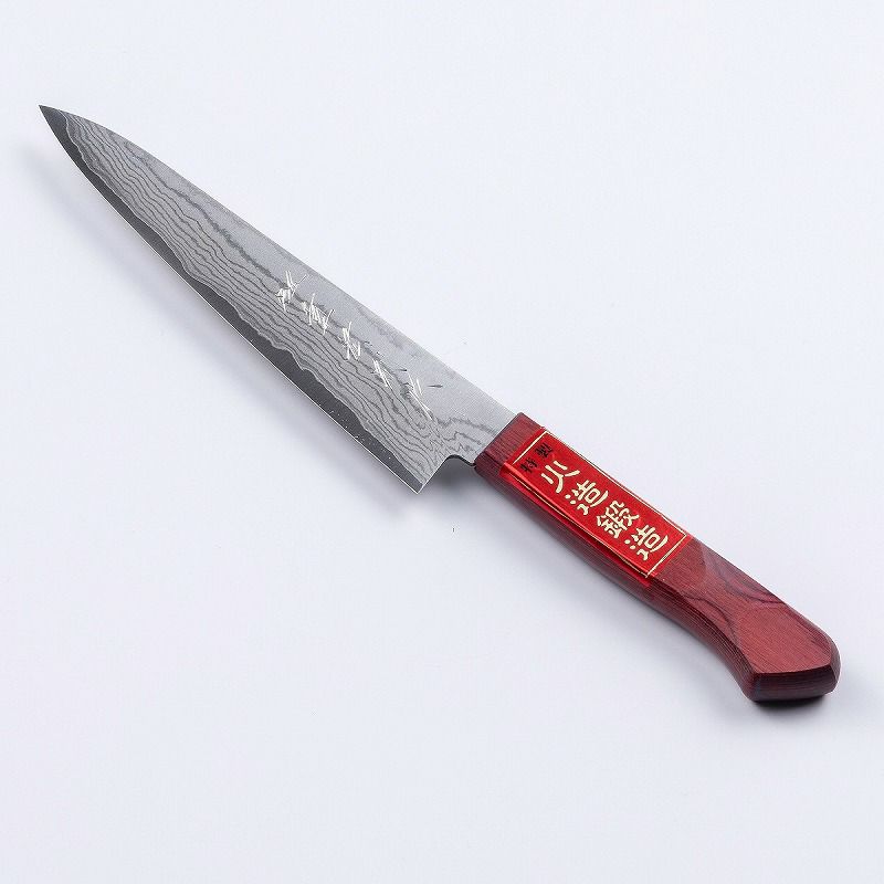 風呂敷付 重宏別作 包丁セット V金10号 ダマスカス模様 2本組 剣型包丁 両刃 180mm 黒合板柄 ペティナイフ 両刃 150mm 赤合板柄