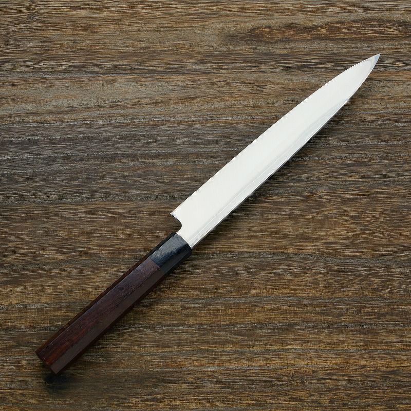重勝 柳刃包丁 片刃 240mm 白紙鋼 鋼付 積層鋼 八角紫檀柄