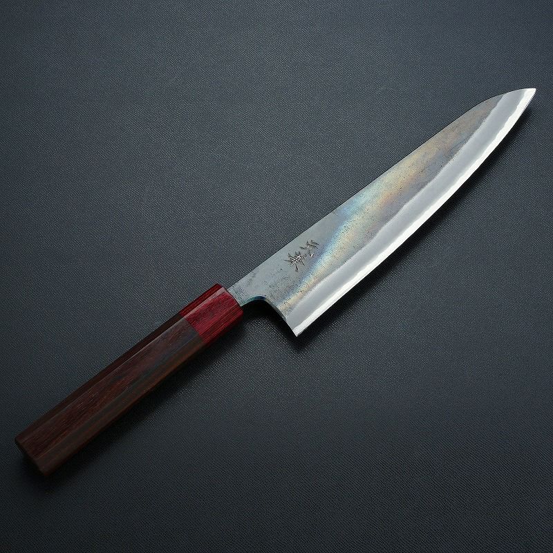 元兼 和牛刀 210mm 両刃 青紙スーパー 割込み 黒打ち仕上げ 赤口輪紫檀八角柄 極上品 土佐打ち刃物