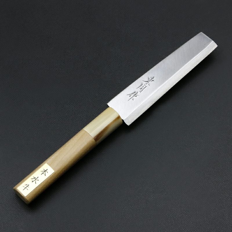 東周作 鰻裂き包丁 片刃 105mm 名古屋型 青紙2号 付け鋼 磨き仕上 水牛柄