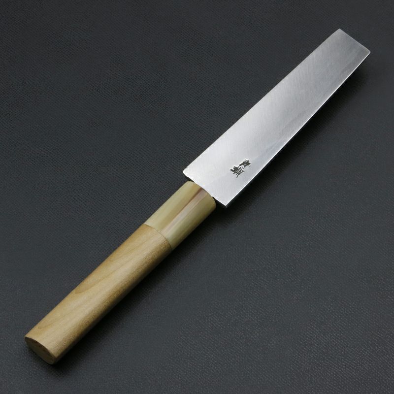 東周作 鰻裂き包丁 片刃 105mm 名古屋型 青紙2号 付け鋼 磨き仕上 水牛柄