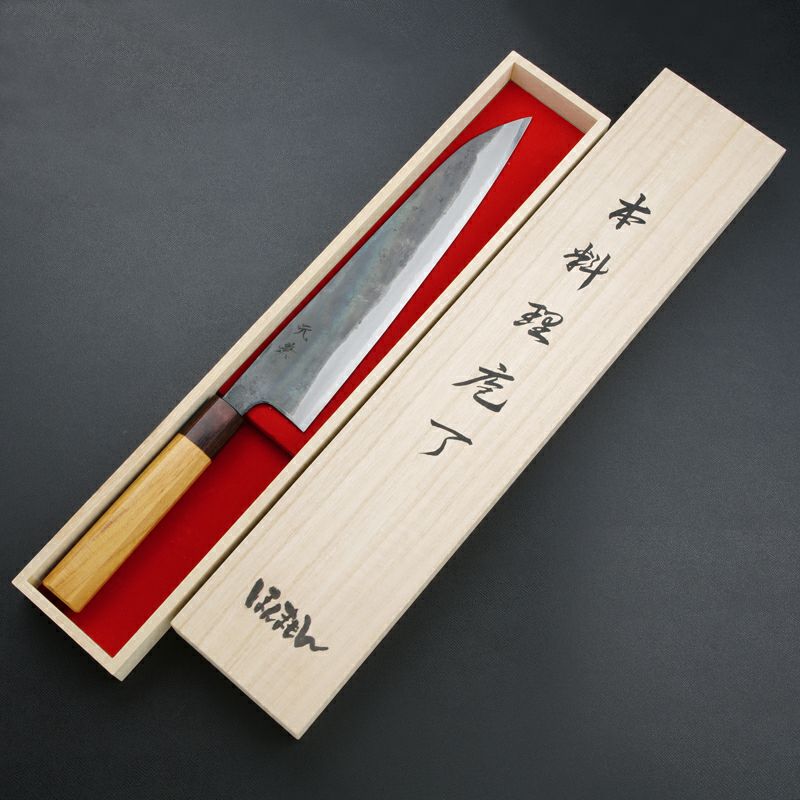 元兼 和牛刀 240mm 両刃 青紙1号 割込み 黒打ち仕上げ ケヤキ柄 木箱入り 極上品 土佐打ち刃物