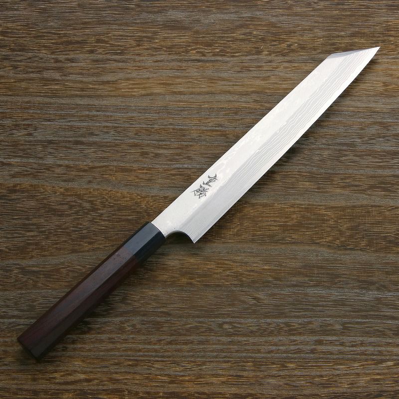 重勝 切付柳刃包丁 片刃 240mm 白紙鋼 鋼付 積層鋼 八角紫檀柄 全体