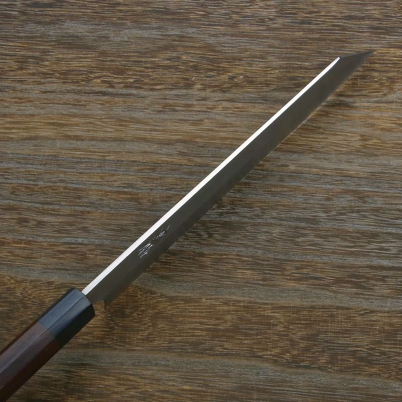 重勝 切付柳刃包丁 片刃 240mm 白紙鋼 鋼付 積層鋼 八角紫檀柄 峰