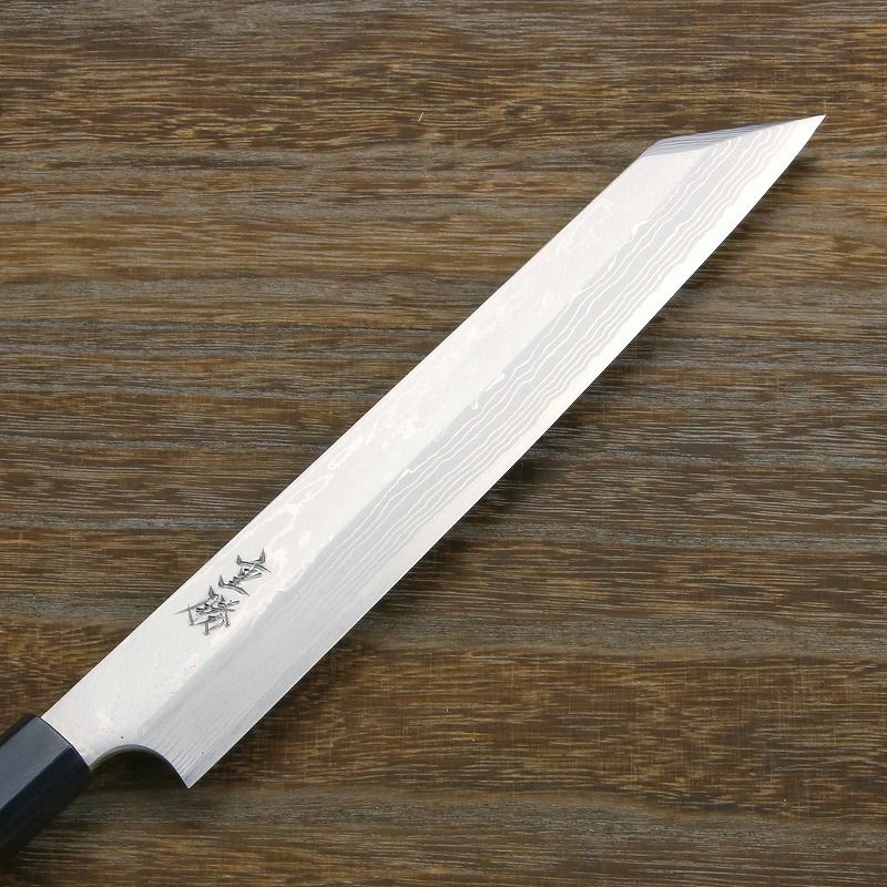 重勝 切付柳刃包丁 片刃 240mm 白紙鋼 鋼付 積層鋼 八角紫檀柄 刃