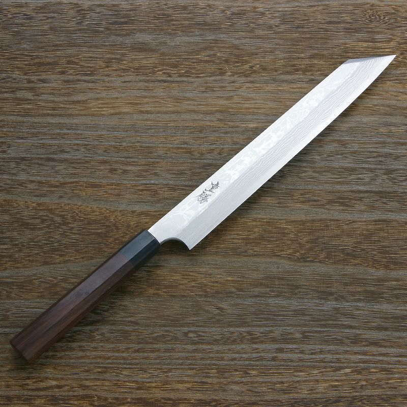 重勝 切付柳刃包丁 片刃 270mm 白紙鋼 鋼付 積層鋼 八角紫檀柄 全体