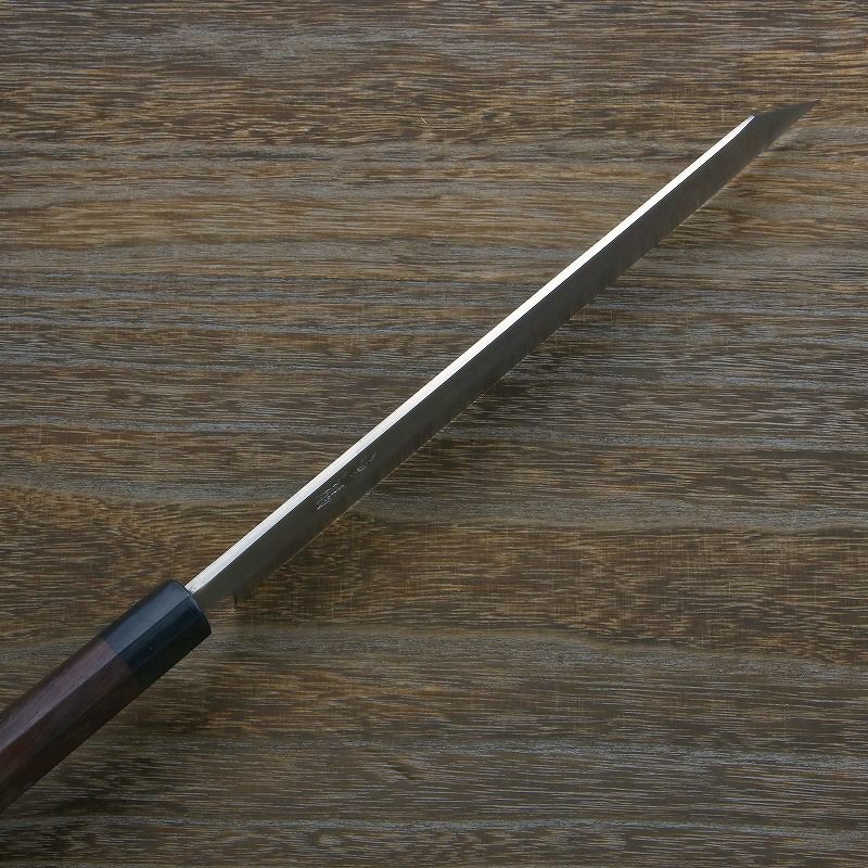 重勝 切付柳刃包丁 片刃 270mm 白紙鋼 鋼付 積層鋼 八角紫檀柄 峰