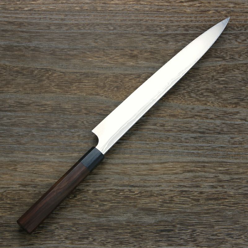 重勝 柳刃包丁 片刃 240mm 白紙鋼 鋼付 積層鋼 八角紫檀柄