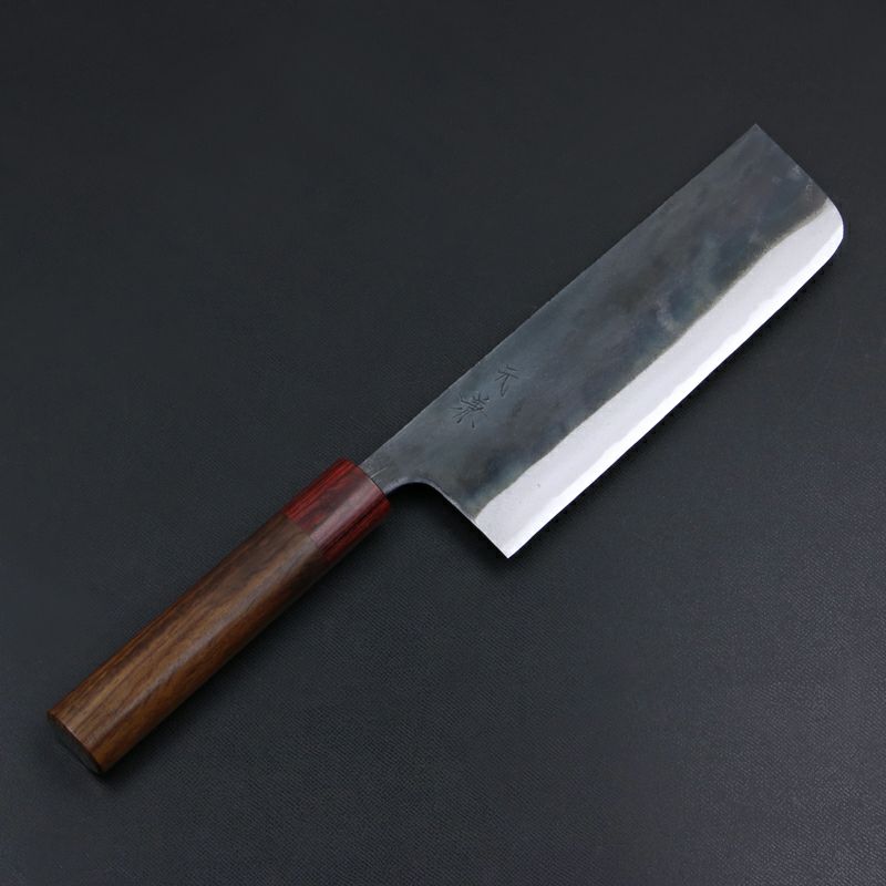 元兼 菜切り包丁 165mm 両刃 青紙スーパー 割込み 黒打ち仕上げ 紫檀赤丸柄 土佐打ち刃物 極上品 全体