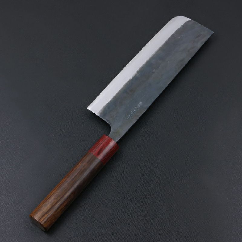 元兼 菜切り包丁 165mm 両刃 青紙スーパー 割込み 黒打ち仕上げ 紫檀赤丸柄 土佐打ち刃物 極上品 裏