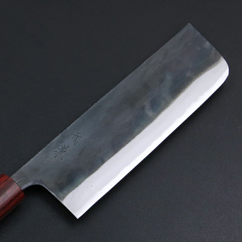 元兼 菜切り包丁 165mm 両刃 青紙スーパー 割込み 黒打ち仕上げ 紫檀赤丸柄 土佐打ち刃物 極上品 刃先