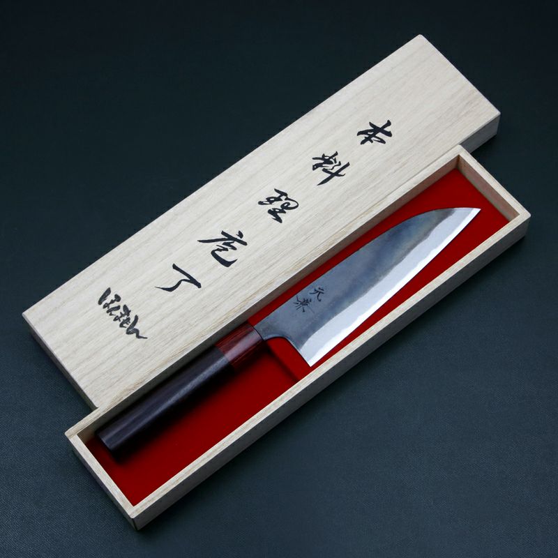 元兼 三徳包丁 170mm 両刃 青紙スーパー 割込み 黒打ち仕上げ 紫檀赤丸柄 木箱入り 土佐打ち刃物 極上品 木箱入り