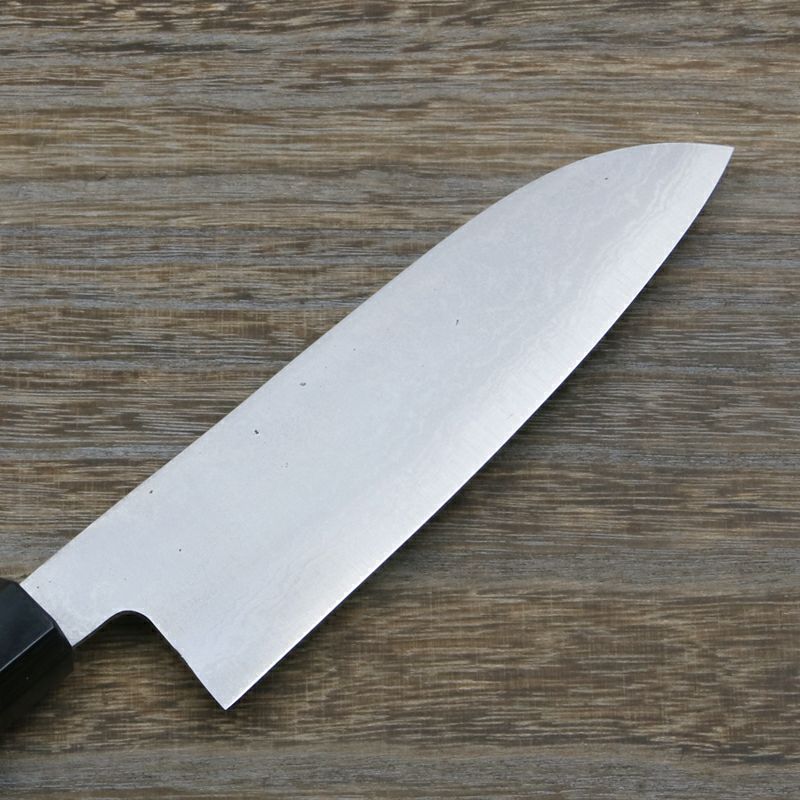 三徳包丁 両刃 165mm 青紙鋼 割込み ステンレス ダマスカス模様 ウォルナット柄 刃表