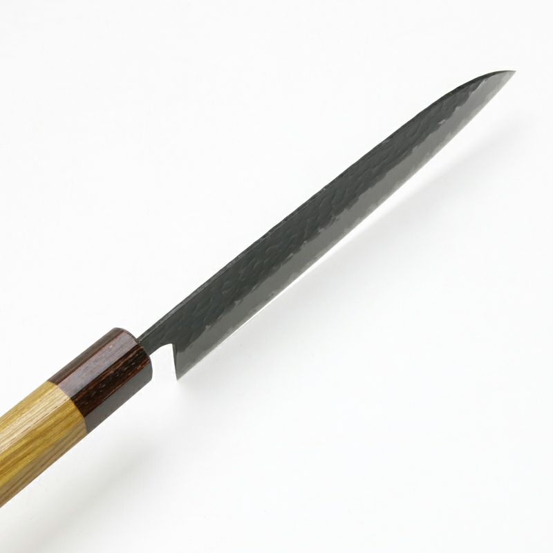 和三徳包丁 両刃 165mm 青紙スーパー 割込み 黒打ち槌目模様 ケヤキ柄 峰