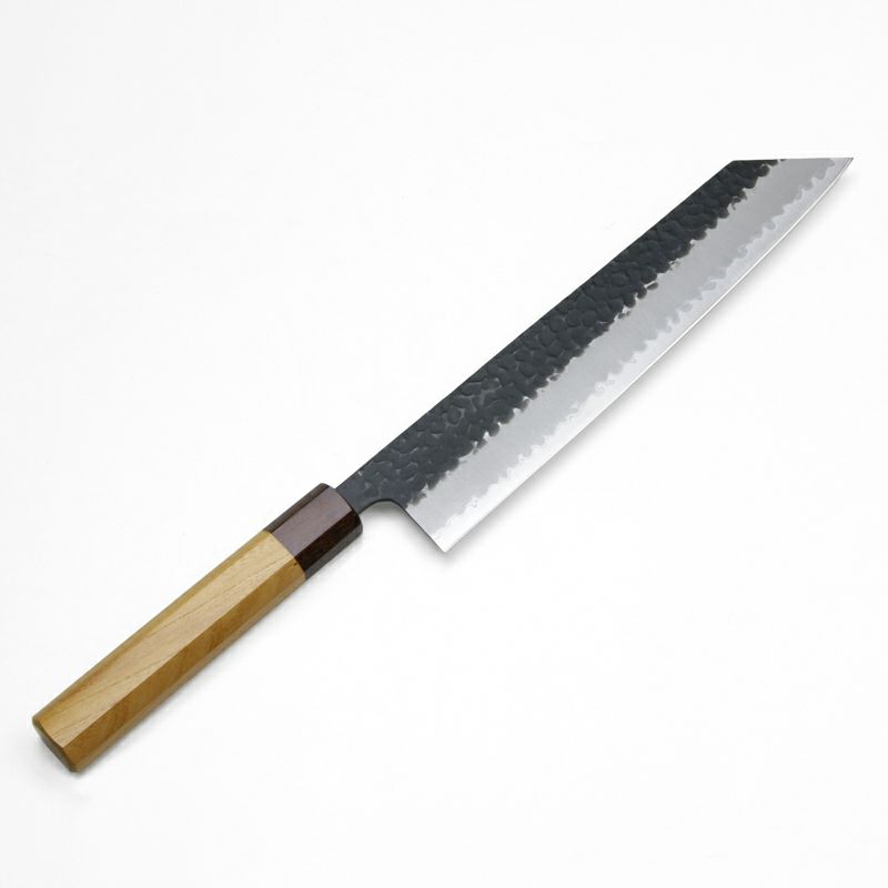 和牛刀 両刃 240mm 切付型 青紙スーパー 割込み 黒打ち仕上げ 槌目模様  