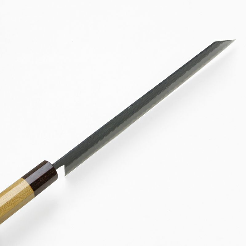 和牛刀 両刃 240mm 切付型 青紙スーパー 割込み 黒打ち仕上げ 槌目模様 ケヤキ柄 峰