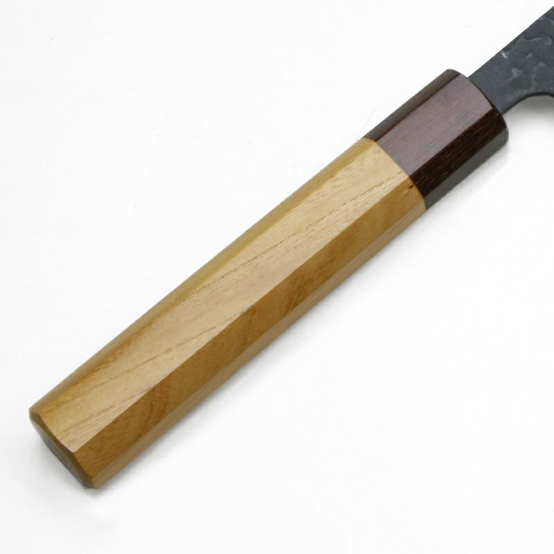 和牛刀 両刃 240mm 切付型 青紙スーパー 割込み 黒打ち仕上げ 槌目模様 ケヤキ柄 柄