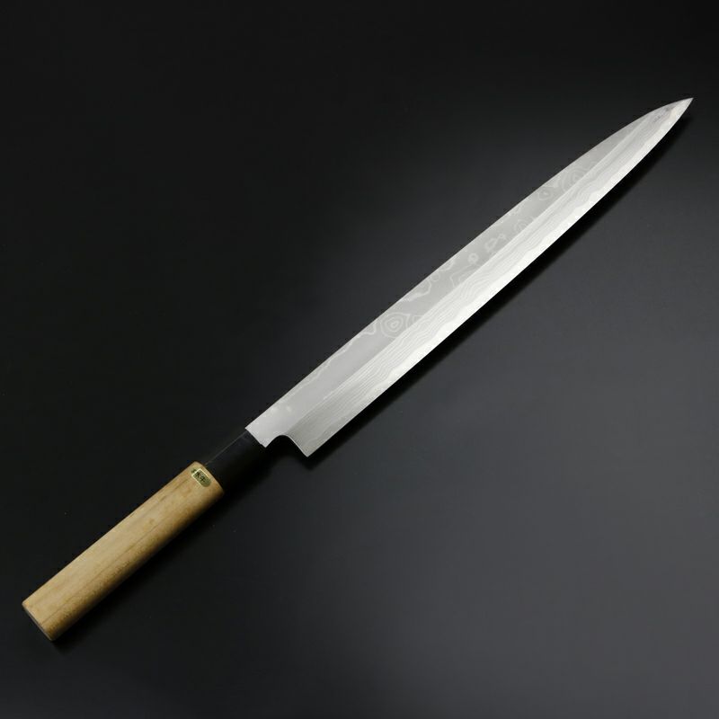 柳刃包丁 330mm 片刃 青紙鋼 墨流し 水牛柄 規格外品 全体