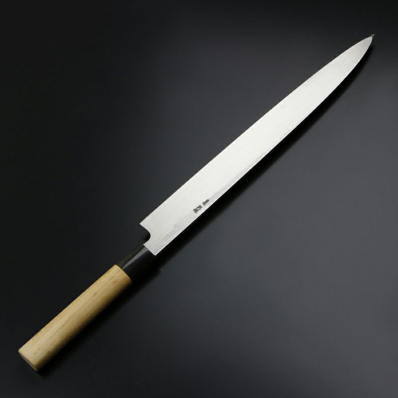 柳刃包丁 330mm 片刃 青紙鋼 墨流し 水牛柄 規格外品 裏