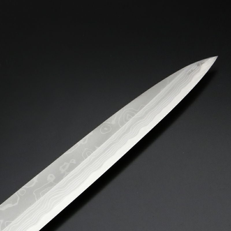 柳刃包丁 330mm 片刃 青紙鋼 墨流し 水牛柄 規格外品 刃先表