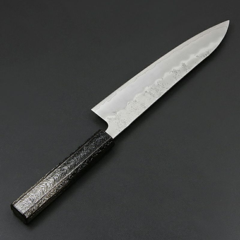 重勝 和牛刀 両刃 210mm 銀三ステンレス 梨地 暗銀漆柄 裏