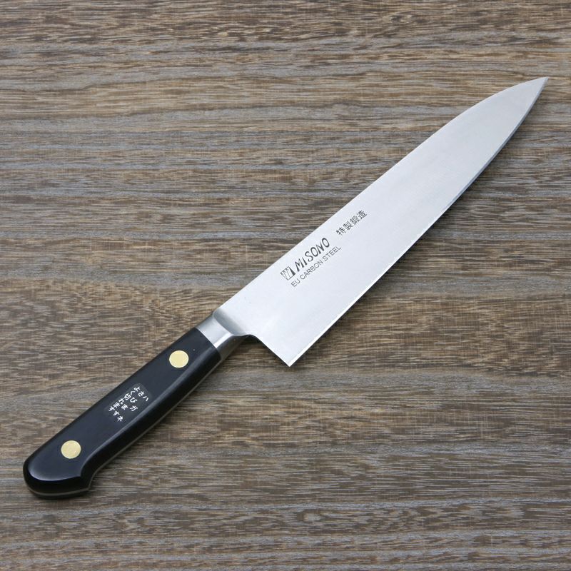 ミソノ 牛刀 両刃 180mm EUカーボン鋼 共口金付き 黒合板柄 全体