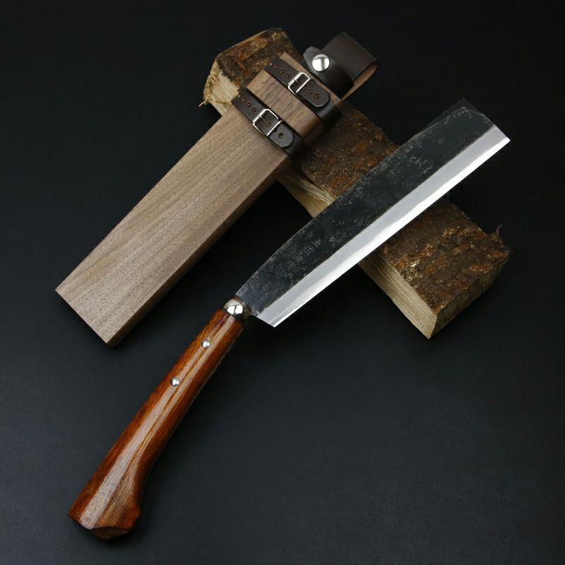 東周作 最高級 黒打腰鉈 両刃240mm 白紙鋼 ウォルナット鞘 鞘付き 全体