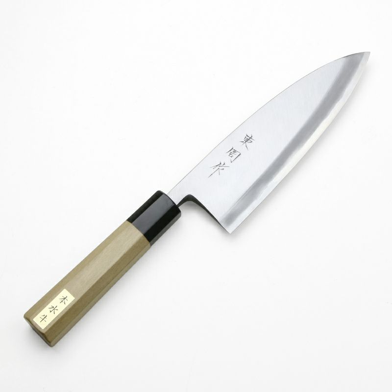 東周作 出刃包丁 片刃 180mm 青紙2号 付け鋼 霞研ぎ仕上げ 八角水牛柄 本職向け 規格外品 全体