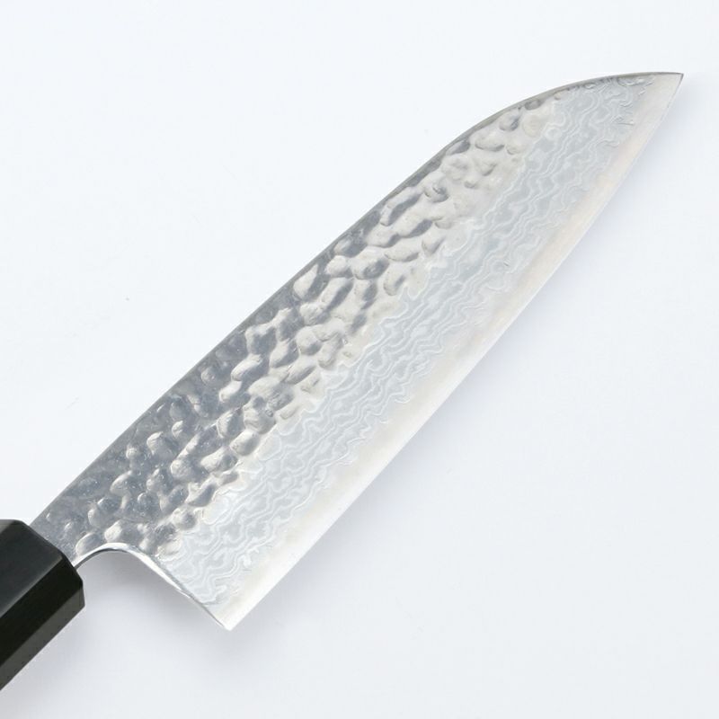 三徳包丁 165mm 両刃 銀三ステンレス 槌目 33層ダマスカス模様 八角クルミ柄 刃