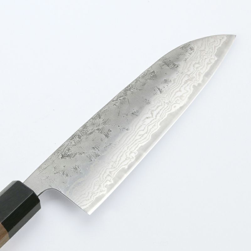 三徳包丁 165mm 両刃 スウェーデン鋼 和紙地 33層ダマスカス模様 八角クルミ柄 刃