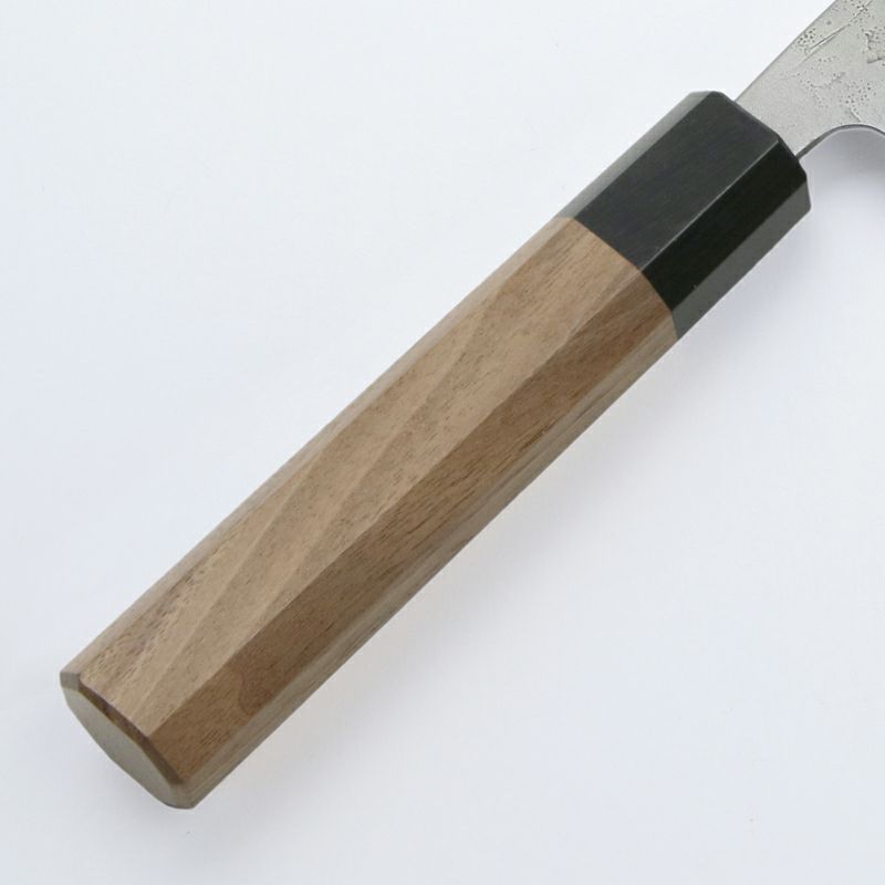 三徳包丁 165mm 両刃 スウェーデン鋼 和紙地 33層ダマスカス模様 八角クルミ柄 柄