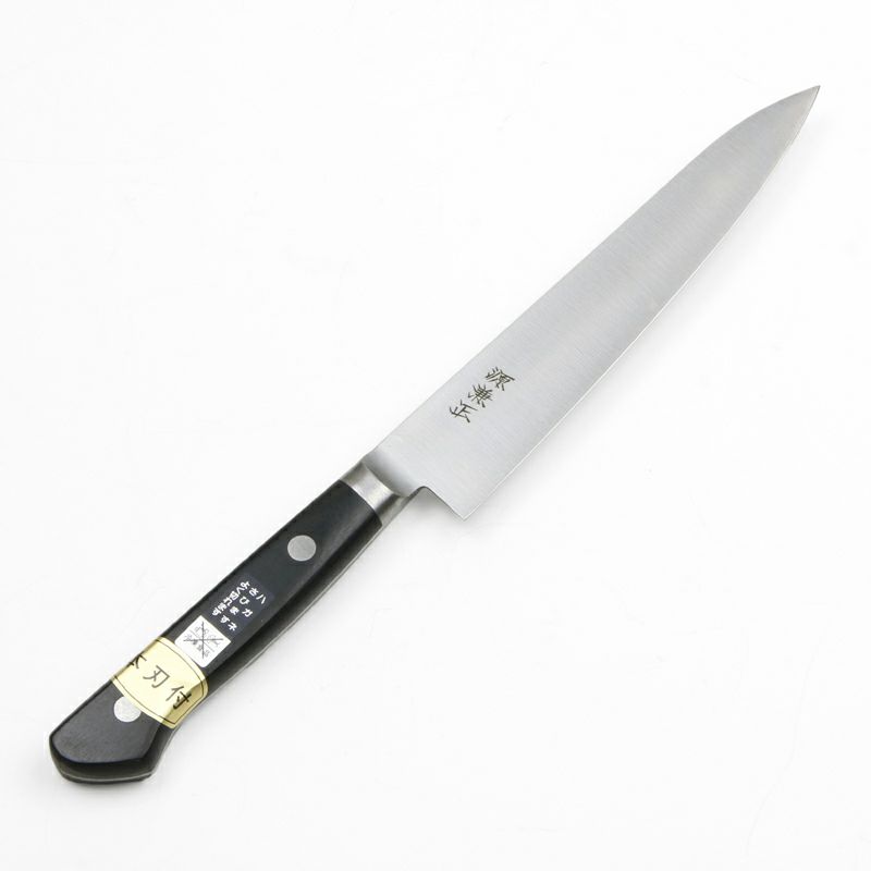 源 兼正 ペティ 両刃 150mm 全鋼 口金付き 黒合板柄 本刃付仕様 全体