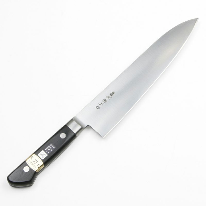 源 兼正 牛刀 両刃 240mm 全鋼 口金付き 黒合板柄 本刃付仕様 全体
