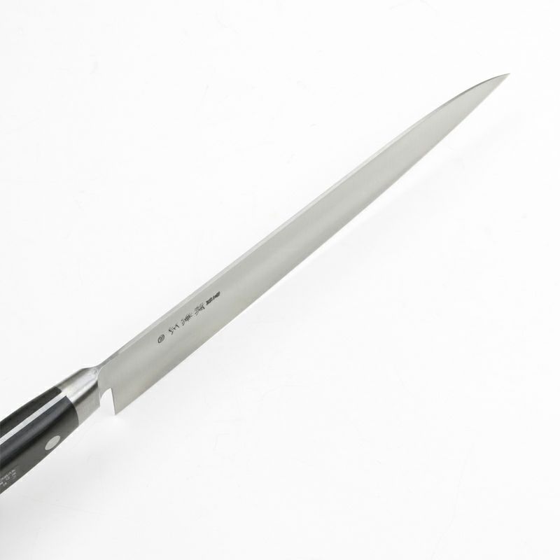 源 兼正 牛刀 両刃 240mm 全鋼 口金付き 黒合板柄 本刃付仕様 峰