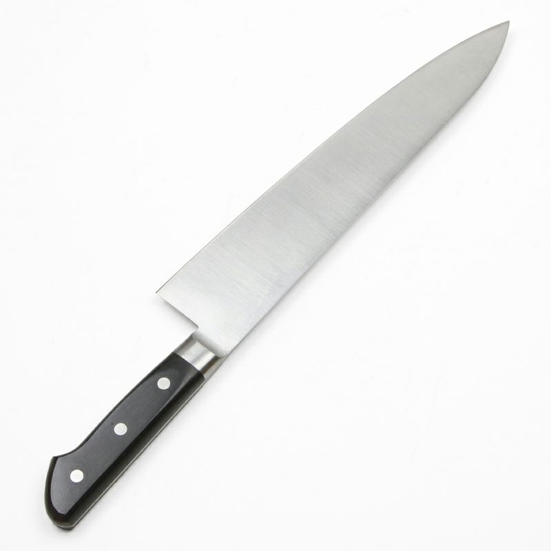 源 兼正 牛刀 両刃 270mm 全鋼 口金付き 黒合板柄 本刃付仕様 裏