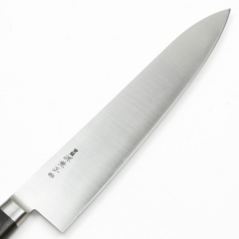 源 兼正 牛刀 両刃 270mm 全鋼 口金付き 黒合板柄 本刃付仕様 刃先